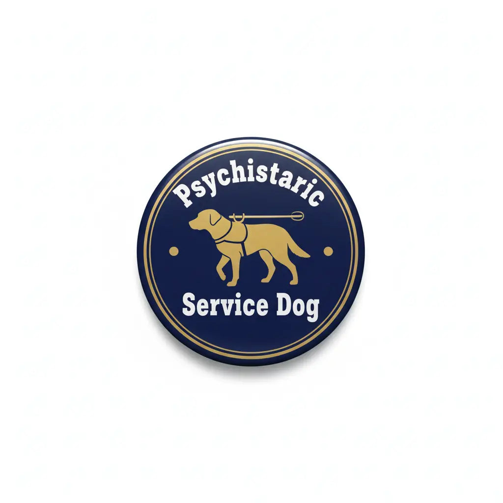 Round psychiatric service dog pin with yellow dog silhouette and white “Service Dog” text