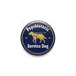 Round psychiatric service dog pin with yellow dog silhouette and white “Service Dog” text