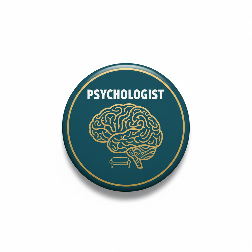 2.25-inch psychologist pinback button, teal with gold rim, brain icon and 'PSYCHOLOGIST' text.