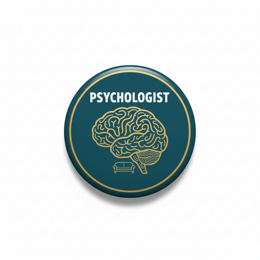2.25-inch psychologist pinback button, teal with gold rim, brain icon and 'PSYCHOLOGIST' text.