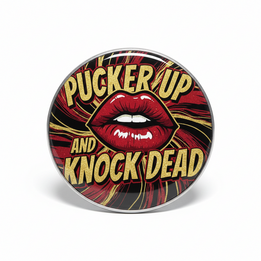 Round pinback button with red lips graphic and text "Pucker Up" and "Knock Dead"