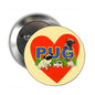 2.25-inch pug pinback button with red heart, multiple pug faces, and blue 'PUG' text