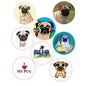 8-piece pug pinback badge set, round designs with pugs and 'I ♥ MY PUG'