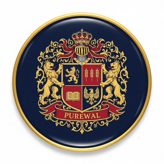 Circular coat of arms pinback with gold rim, dark blue shield, crown, lions, and PUREWAL ribbon