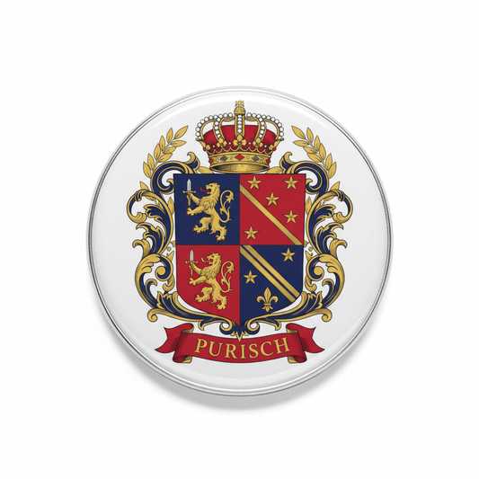 Purisch Family Crest Coat of Arms Pinback 3-inch - My Pinbacks