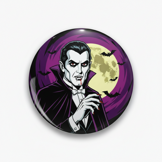 Purple round pinback button with Dracula illustration and bat wings, 2.25-inch