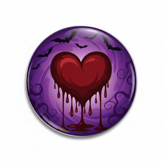 Round purple pinback button with red bloody heart, dripping blood, and black bats