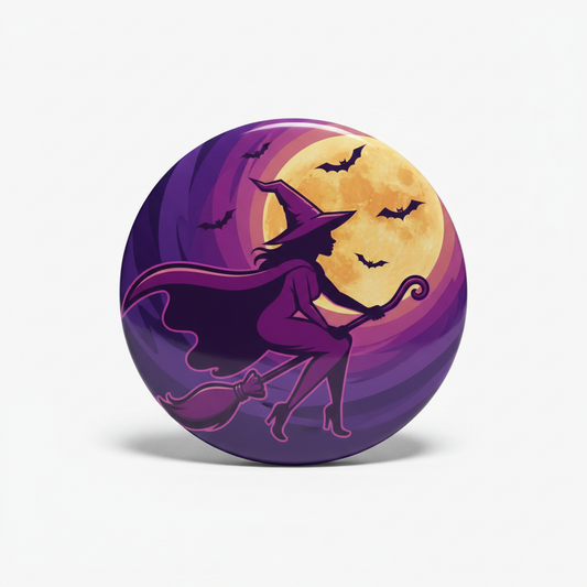 Purple witch Halloween pinback button with broom, moon and bats in a circular design