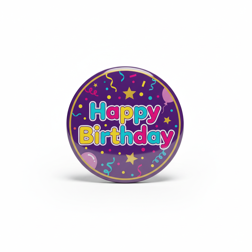 Purple 2.25-inch round Pin Button with Happy Birthday text and colorful confetti
