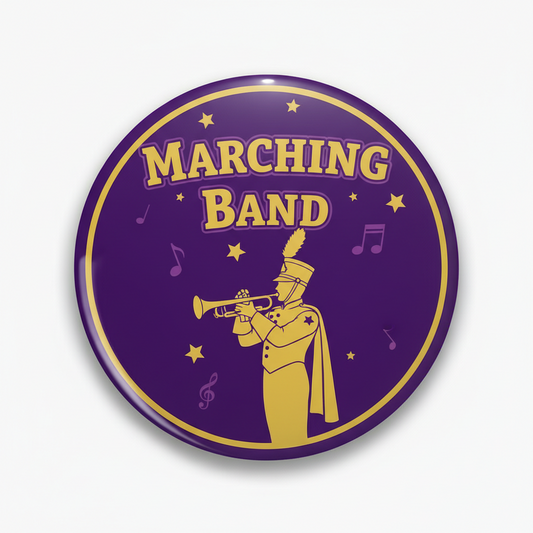 Purple marching band pinback button with gold musician and 'MARCHING BAND' text