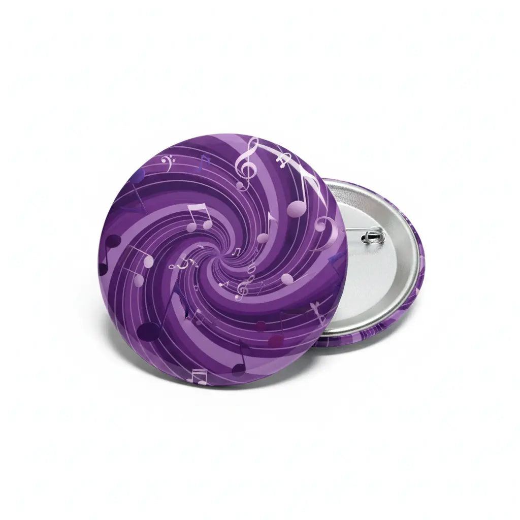 Purple music note pinback button with silver backing, round 2.25-inch