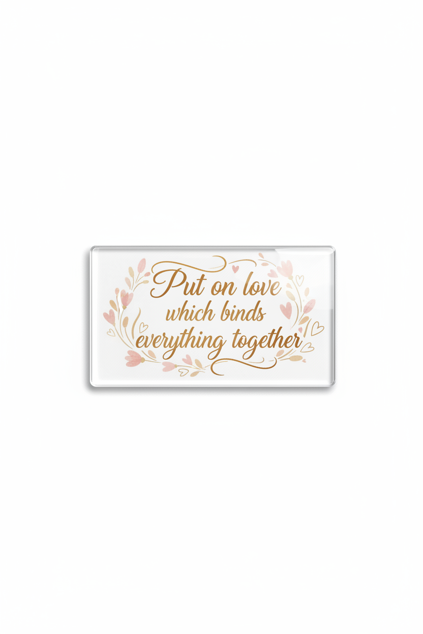 A rectangular clear acrylic block with rounded corners featuring the quote 'Put on love which binds everything together' in gold cursive, surrounded by a delicate pink floral wreath, on a plain white background.