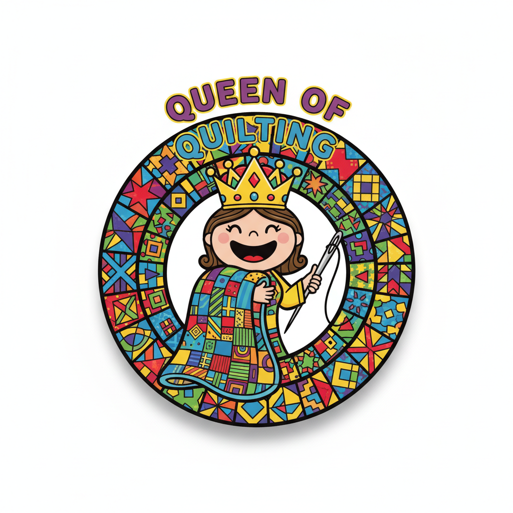Quilting Queen pinback button with cartoon queen holding a heart, colorful patchwork ring