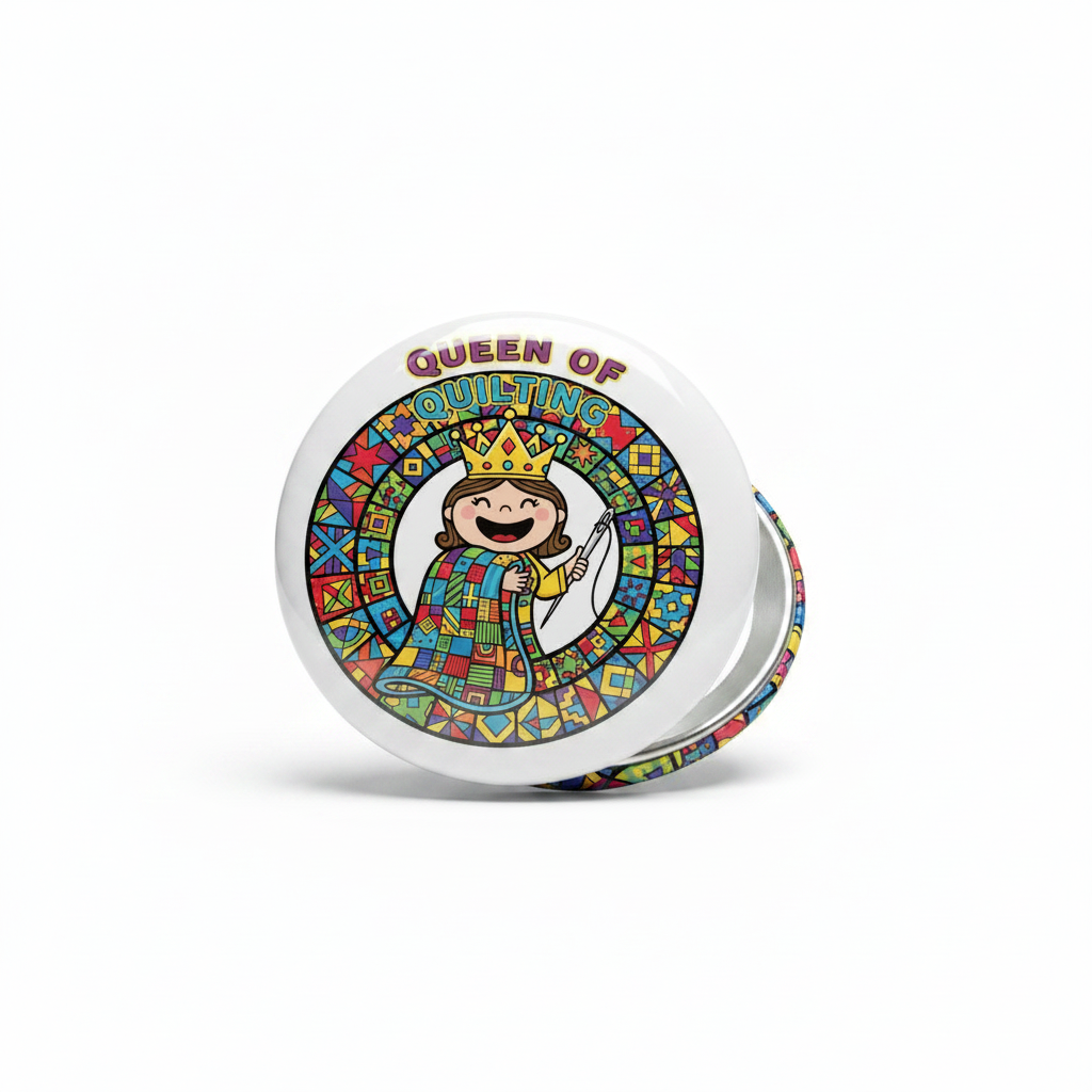 Quilting Queen pinback button shown with metal pin backing and clasp