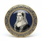 Ornate gold-and-blue Queen Victoria portrait pinback button, round 2.25-inch