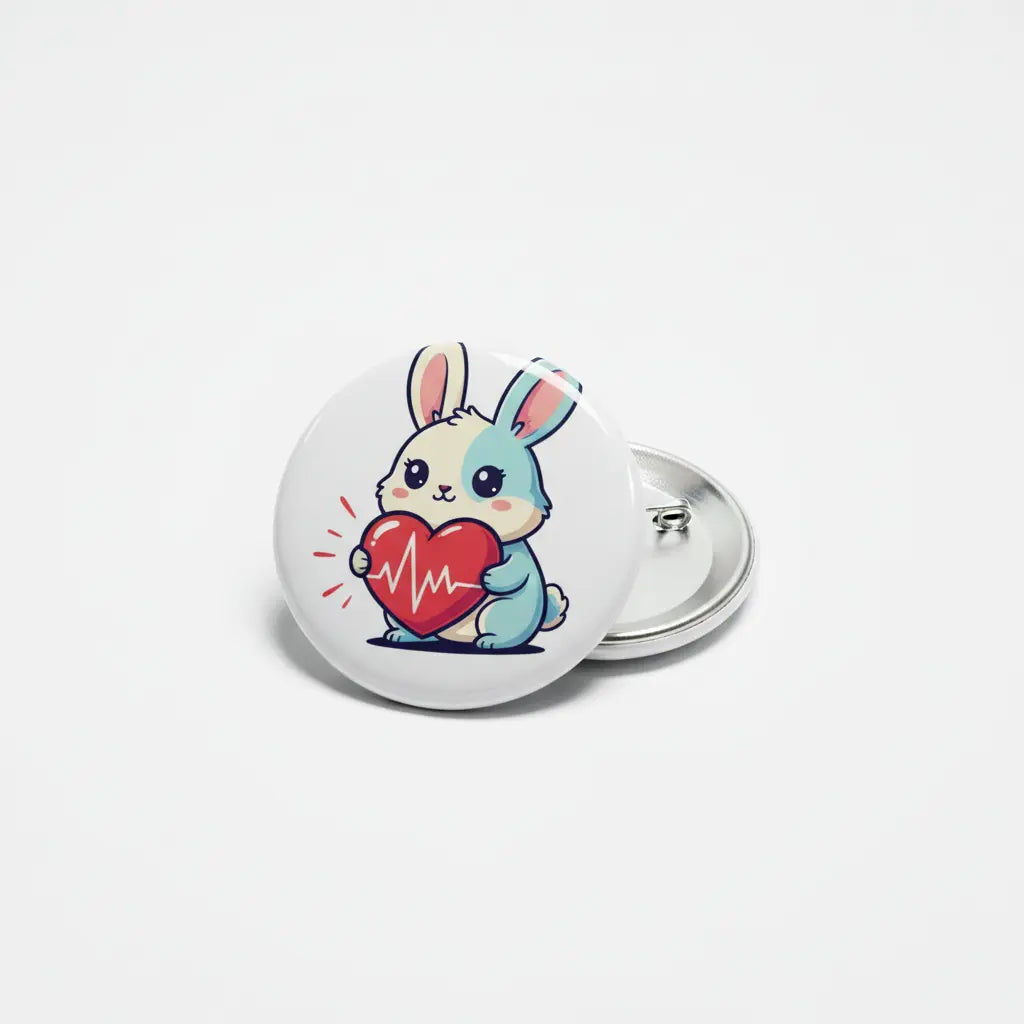Rabbit pinback button with cartoon bunny holding a red heart, round white face, metal back