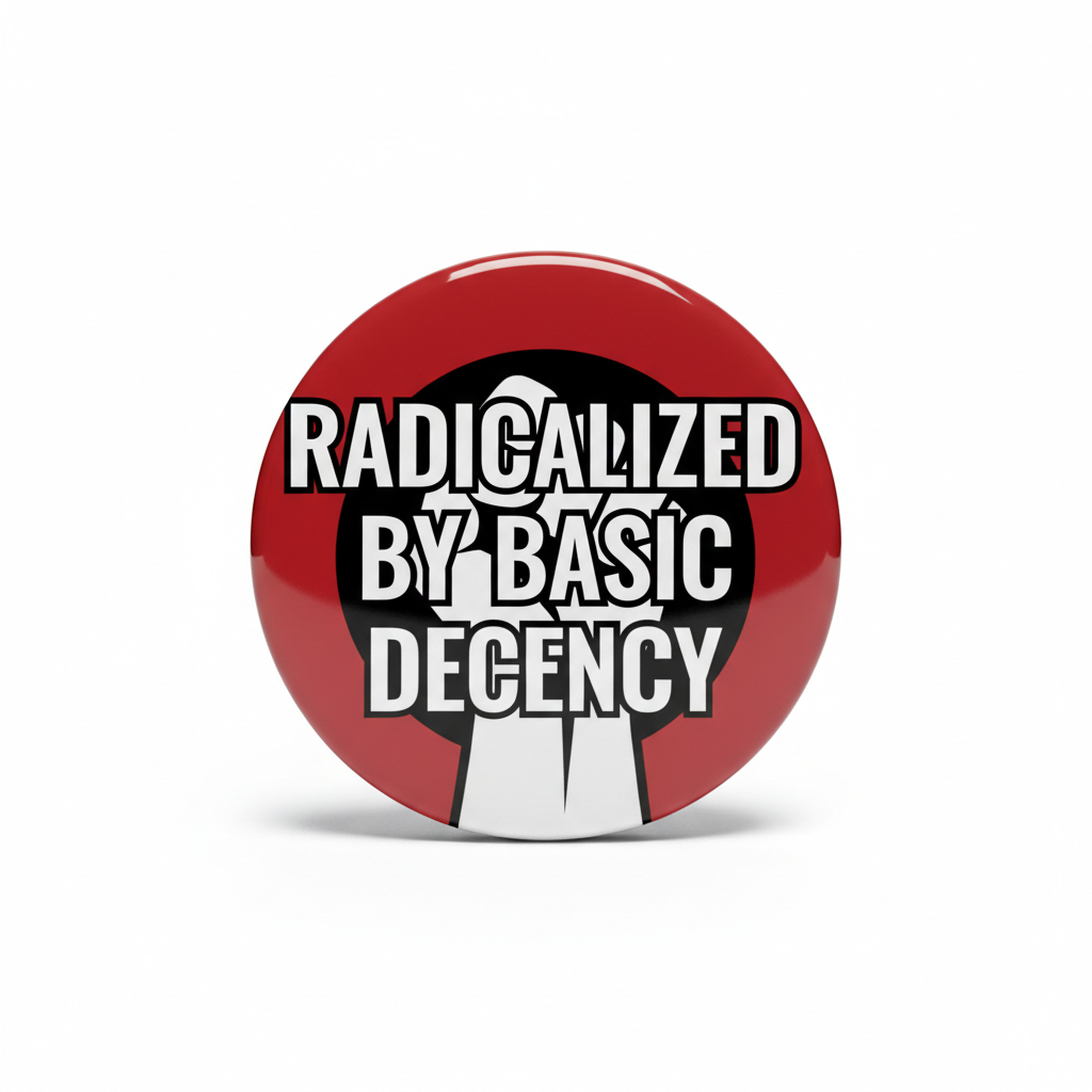 2.25-inch political pinback with red circle and bold 'RADICALIZED BY BASIC DECENCY' print