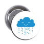1.25-inch rain cloud pinback button with blue smile and raindrops