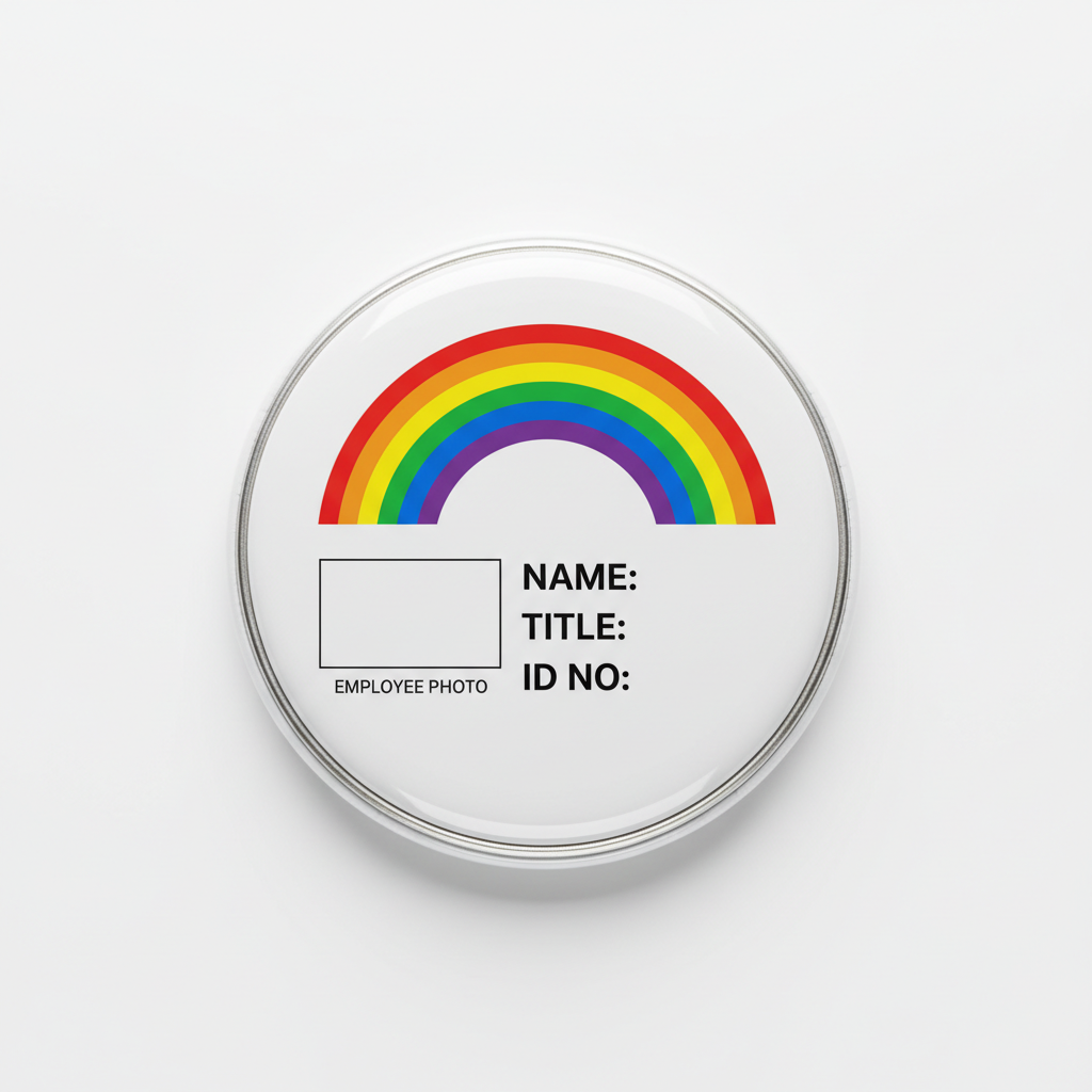 Circular pinback button with rainbow arc and name/title/ID label boxes