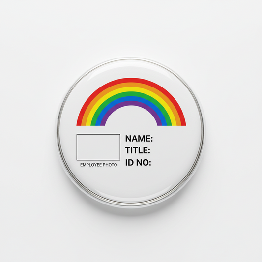 Circular pinback button with rainbow arc and name/title/ID label boxes