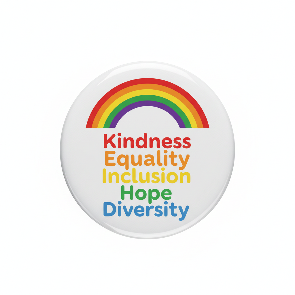 Rainbow pinback button with rainbow arc and text: Kindness Equality Inclusion Hope Diversity