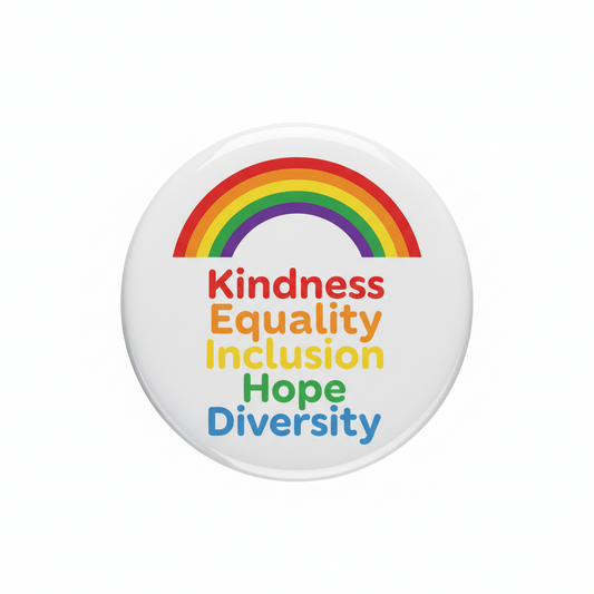 Rainbow pinback button with rainbow arc and text: Kindness Equality Inclusion Hope Diversity