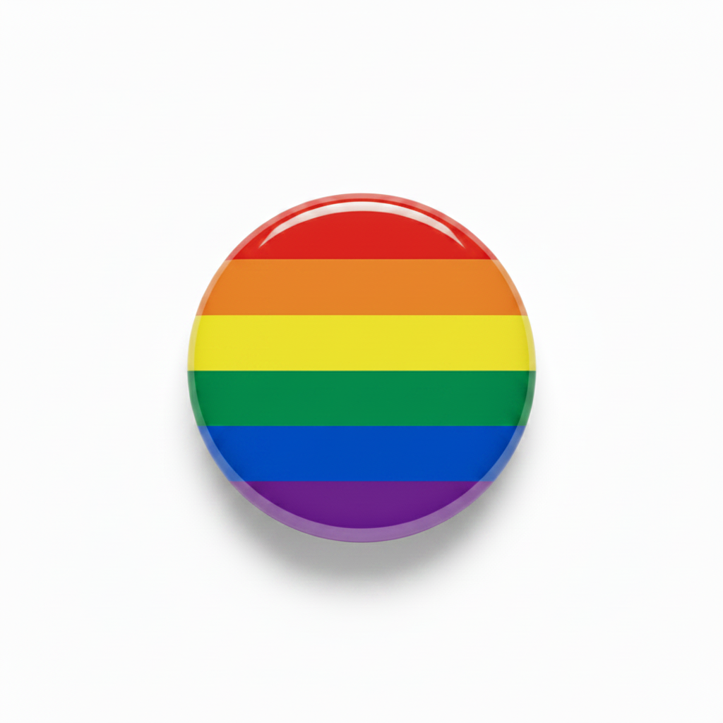 Rainbow pride round pinback button with rainbow stripes, glossy finish