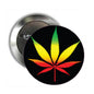 1.25-inch pinback button with black background and green-yellow-red cannabis leaf