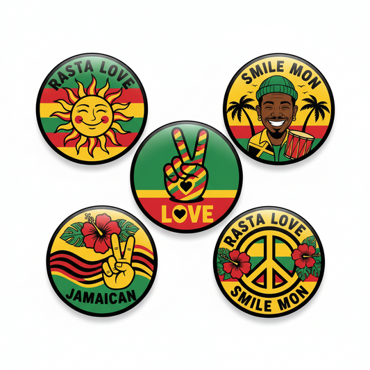 Set of five round pinback buttons with colorful Rasta Love, Smile Mon, and Jamaican designs