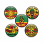 Set of five round pinback buttons with colorful Rasta Love, Smile Mon, and Jamaican designs