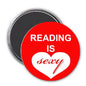 2.25-inch round magnet: red heart reads 'READING IS sexy' on white