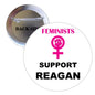Pinback button with pink female symbol and bold black “SUPPORT REAGAN” text