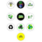 Set of 10 circular recycling-themed pinback buttons, 1.25 in, green icon designs