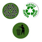 Recycling pinback set of 3 green circular buttons with different trash-and-bike icons