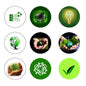 Set of 9 eco-themed 1.25-inch round pinback buttons with recycling icons