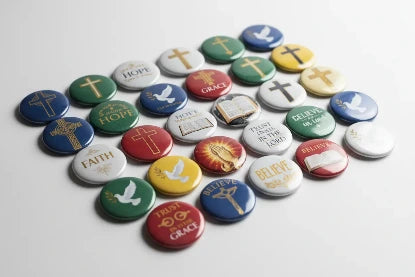 Collection of colorful buttons with religious symbols and text on a light gray background
