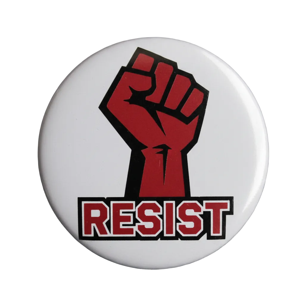 Resist enamel button pin, 2.25-inch, red raised-fist graphic with black outline