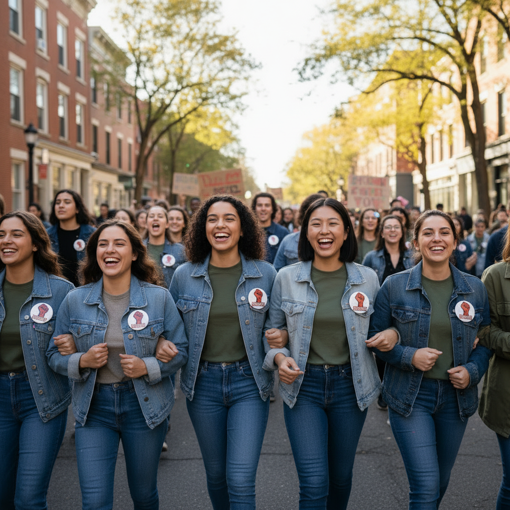 Resist button pins on blue denim jackets, worn by people in a street group