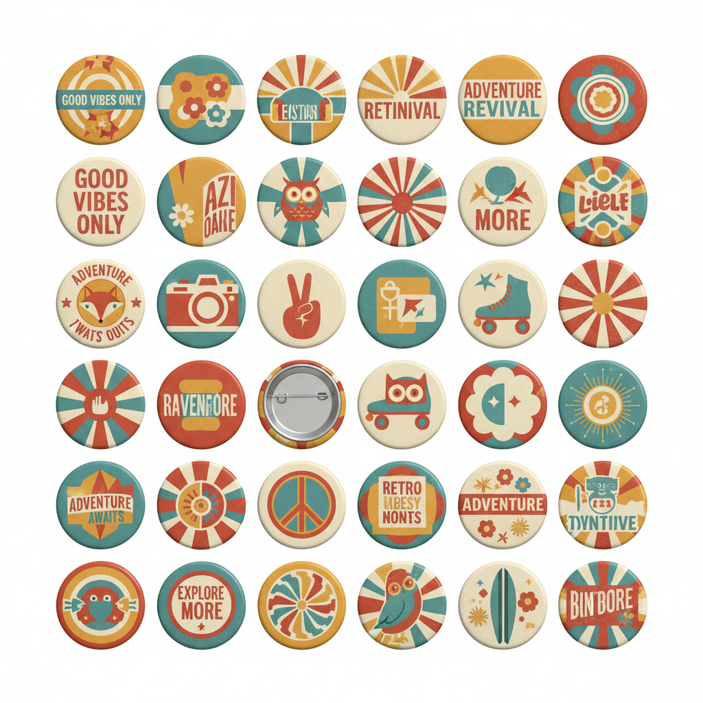 Assorted round retro pinback buttons featuring colorful icons, animals, and sunburst patterns
