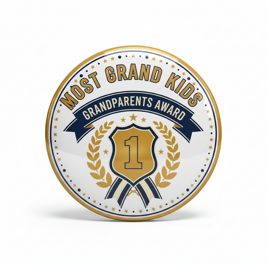 Round pinback lapel award pin with gold rim and navy "Most Grand Kids" text