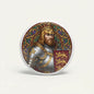 2.25-inch round pinback button with a king in armor and lion shield illustration