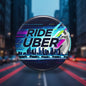 2.25-inch pinback button with “RIDE UBER” text on colorful city night design