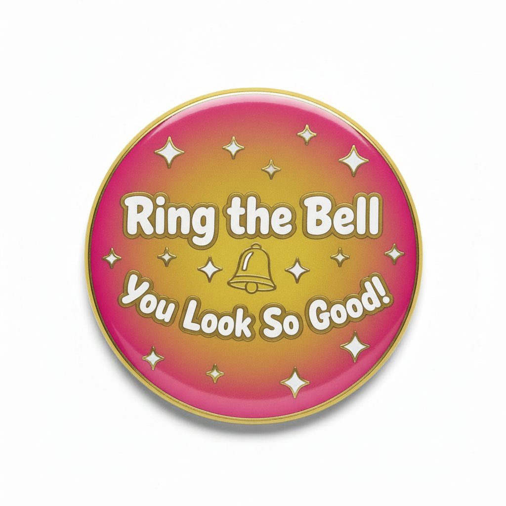 2.25-inch round pinback button with pink gold 'Ring the Bell' and 'You Look So Good!'