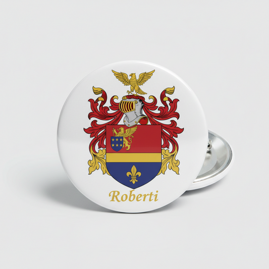 Round white coat of arms pinback button with gold Roberti text and back pin