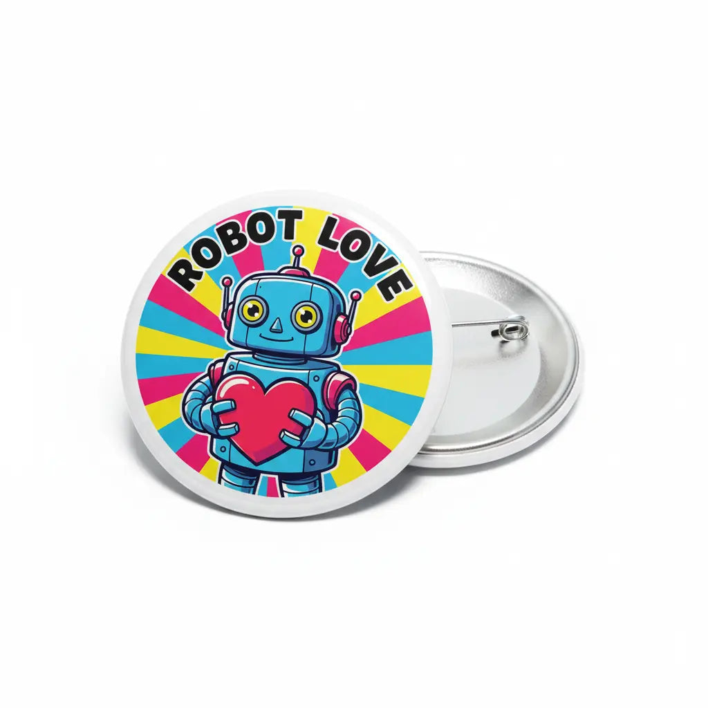 Round pinback button with blue robot wearing headphones, rainbow stripes, and Robot Love text