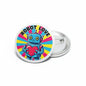 Round pinback button with blue robot wearing headphones, rainbow stripes, and Robot Love text