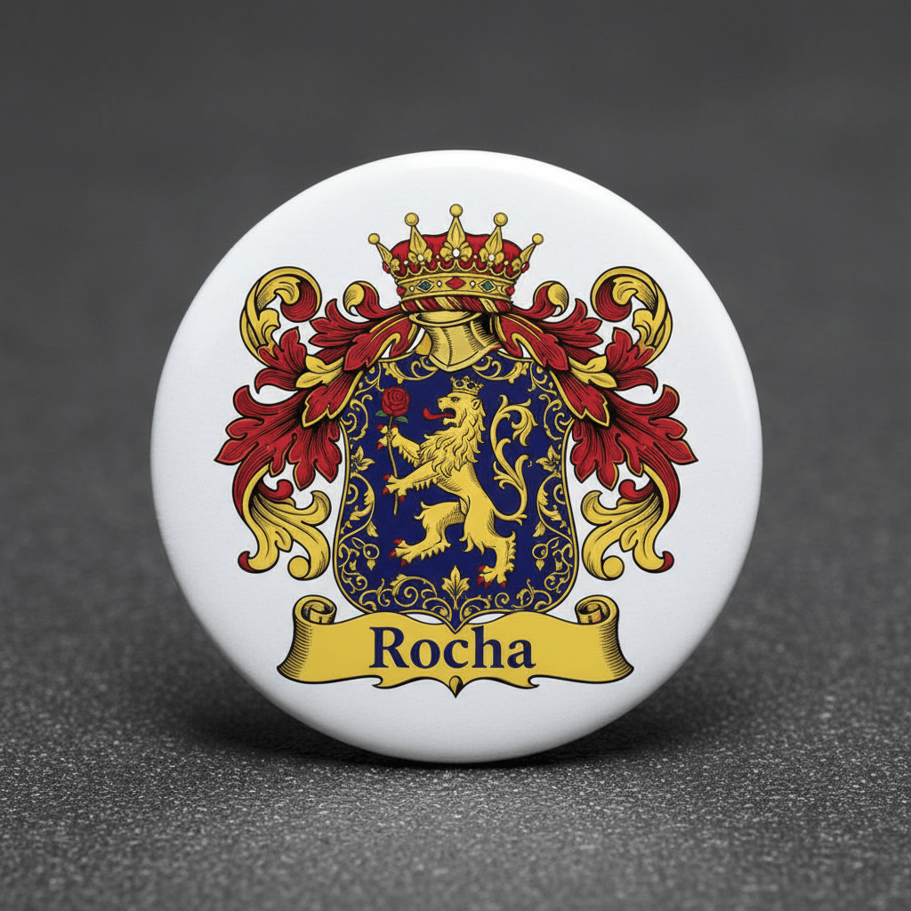 Rocha Family Crest Coat of Arms Pinback 3-inch - My Pinbacks