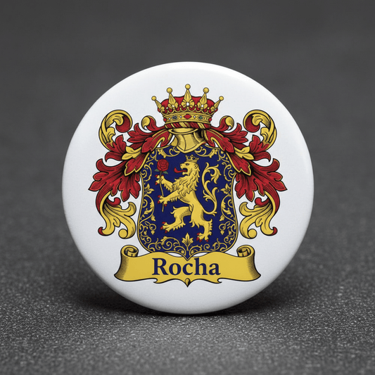 Rocha Family Crest Coat of Arms Pinback 3-inch - My Pinbacks