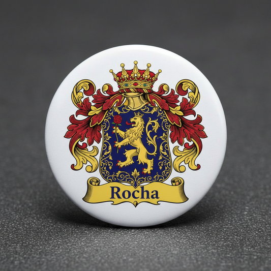 Rocha crest coat of arms pinback, round white enamel badge with lion and crown