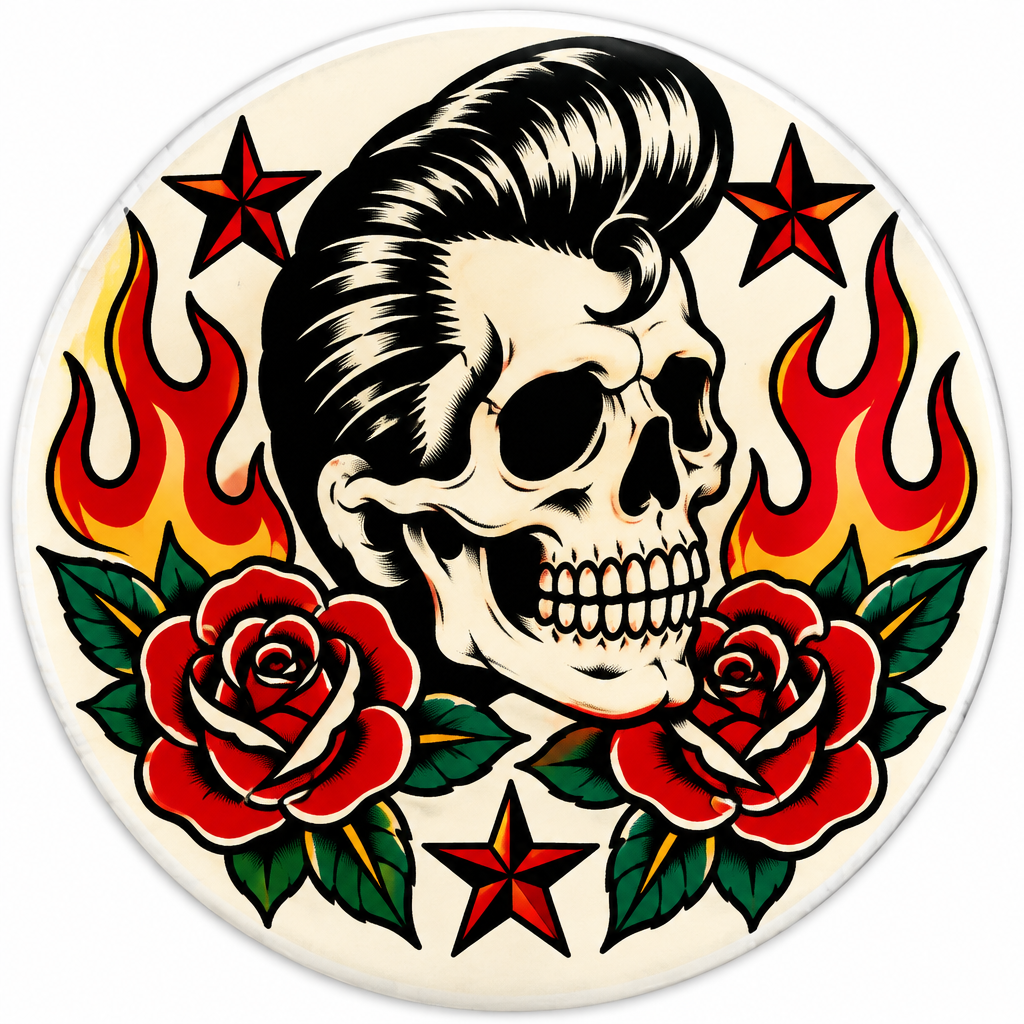 Rockabilly Tattoo Style Skull Pin Button 2.25-inch